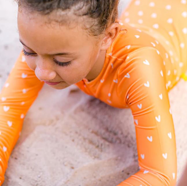 Long Sleeved Swimsuit - Orange Hearts